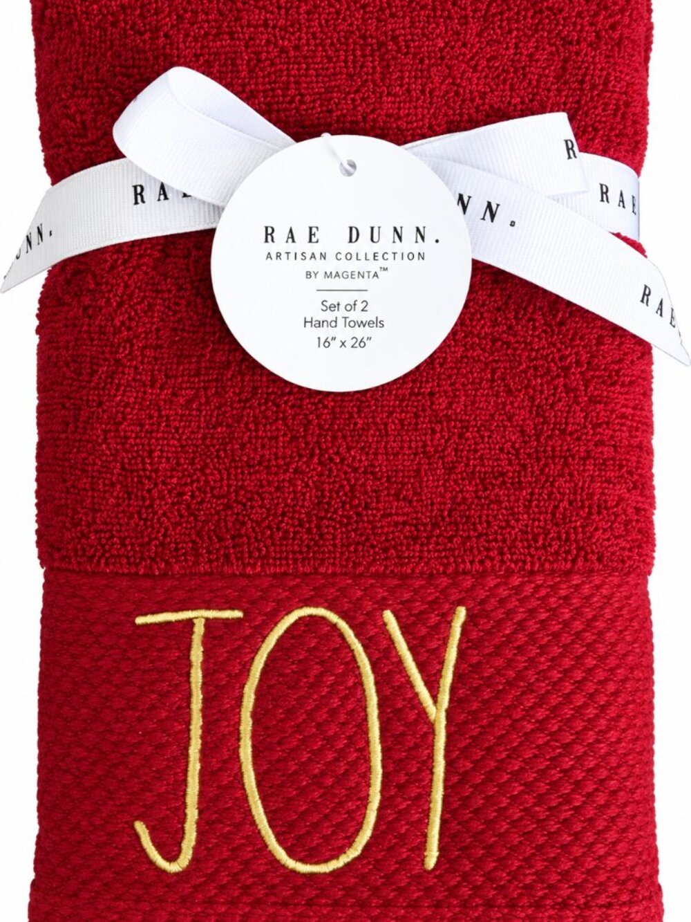 Rae Dunn Christmas Joy Hand Towels Set of 2 Guest Bath Red Gold Embroidered